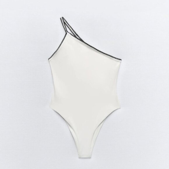 NEW Zara | Embroidered Asymmetric Swimsuit In White/Black - Picture 11 of 13